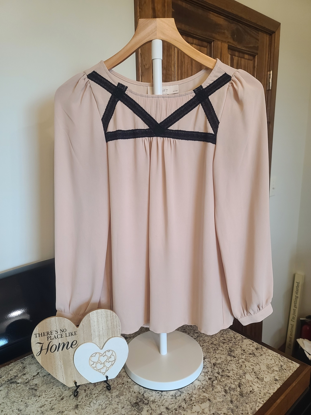 LOFT Cream and Black trimmed Long-Sleeve Blouse with Black Lace Yoke. Size SP